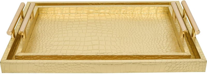 MACVAD Set of 2 Modern Elegant Large Wood Serving Tray, Rectangle Decorative Tray Ottoman Tay Coffee Table Tray, Gold Crocodile Leather with Gold Polished Metal Handles - Image 1